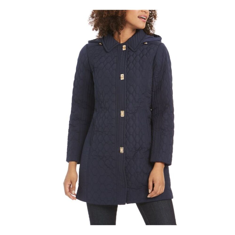 JONES NEW YORK Womens Navy Removable Hood Water Repellant Raincoat Petites PXXS